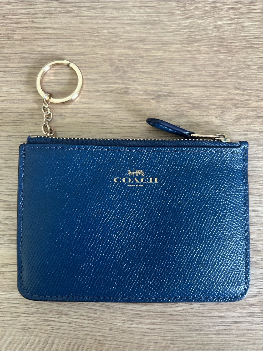 Coach Deep Blue Leather Zip Card Pouch with Gold Keyring
